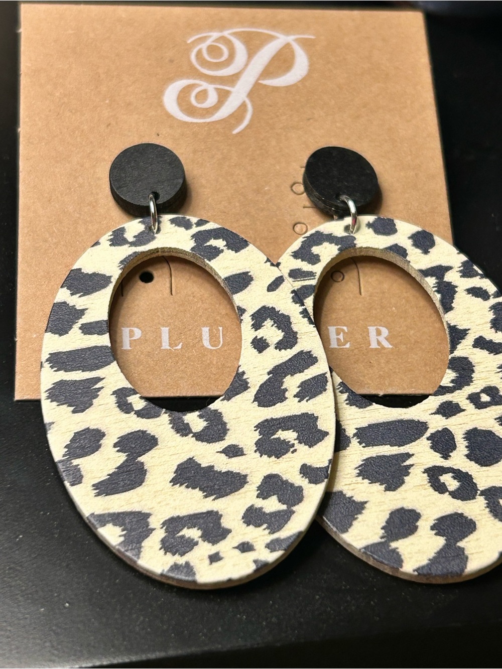 Plunder Black & Cream Leopard Oval Cutout Earrings Wood pierced earrings